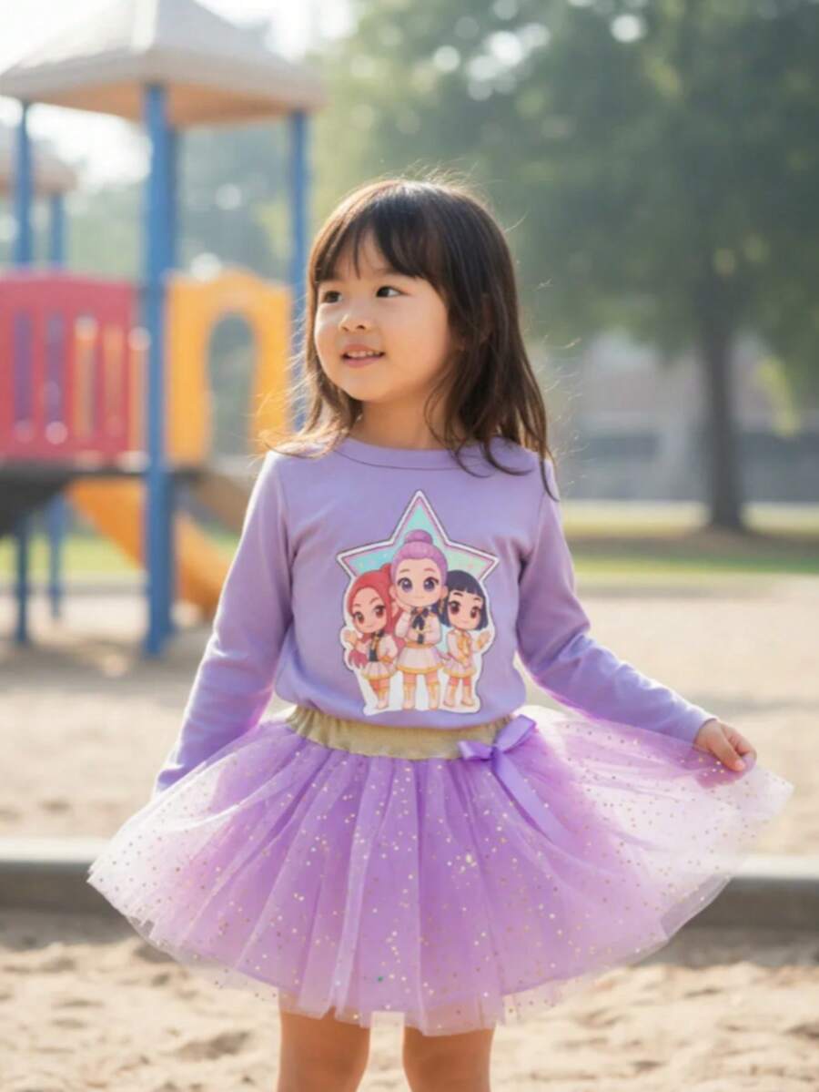 SET PARA NIÑAS DE FALDA Y BLUS CON PERSONAJE CANTANTES - Lila Púrpura - Ver 1