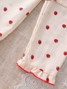 2件套 女童优雅草莓图案纹理翻领荷叶边短袖上衣和裤子睡衣套装 - 杏色 - 查看 6