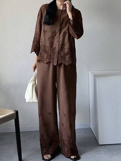 FRIFUL 女士纯色棉质刺绣宽松休闲两件套，适合春夏穿着