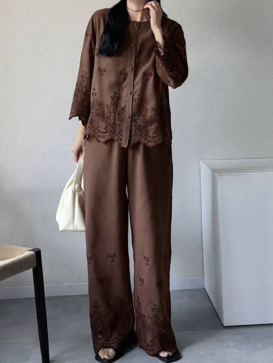 FRIFUL Women's Solid ColorEmbroidered Fabric Loose Casual 2 Pieces Set, Suitable For Spring And Summer Lounge Sets For Women - Coffee Brown - View 1