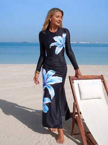 SHEIN Swim Mulvari Bộ đồ bơi nữ thời trang mới nhất màu đen, tay dài, cổ tròn, khóa kéo sau lưng, in họa tiết xanh dương, ôm eo, xếp ly, xẻ tà bên hông, kiểu Burkini Trung Đông thanh lịch, 2 mảnh, thích hợp cho mùa Xuân/Hè/Thu. - màu đen - Xem 5