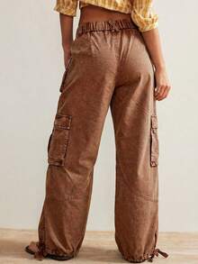 Bohemela Women's Casual Solid Color Woven Loose Drawstring Waist Low-Rise Wide Leg Pants - Brown - View 2