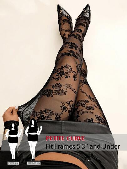 SHEIN PETITE CURVE Women's Plus Size,Valentine Day,Valentine's Day Stockings,Black Tights Plus Size,Non-Slip Thigh High Stockings,Black Mesh Patchwork Leggings Casual Daily Wear, Simple Fashionable