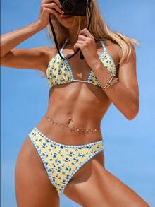 Swim Vcay Women's 3-Piece Swimwear Set, Fashionable Floral & Plaid Contrast Color Bikini, Backless, Spaghetti Strap, Tie Front, Triangle Swim Bottoms, Beach Holiday Style Womans Bikini Sets Bathing Suit Sets Summer Outfit For Women Swimwear Bathing Suit Accessories Bathing Suits Coverage Women S Sets For Summer - Multicolor - View 4