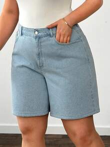 Quần short nữ cạp cao denim mài bạc màu, cỡ lớn. - Rửa nhẹ - Xem 4