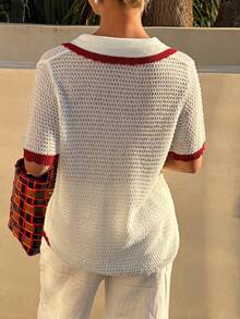 DAZY Women's Collared Color Block Button Design Short Sleeve Knit Top, Suitable For Commuting Summer - Apricot - View 5