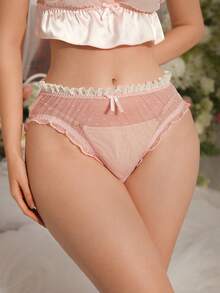 粉色网纱拼接荷叶边蕾丝拼接蝴蝶结浪漫精致优雅女士内裤 - 粉色 - 查看 5