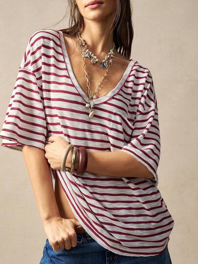 Bohemela Boho Spring/Summer, Vintage Women's Vacation Beach Bohemia Red Stripe V-Neck Short Sleeve Loose T-Shirt, Casual Vacation, Western Country Style Concert Party, Suitable For Beach Vacation & Daily Wear & Back To School & Going Outs & Party & Graduation, 2000s, Summer Holidays