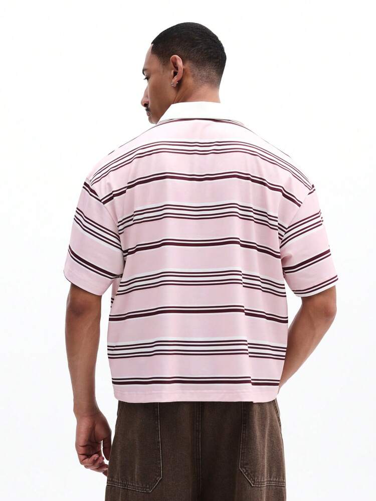 Cropped Striped Polo Shirt With Collar