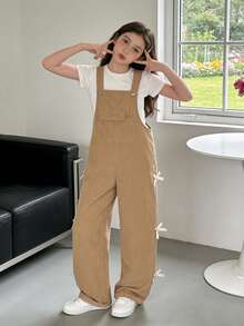 Tween Girls Cute Khaki Bib Pants With Bow Decor,Loose Straight Leg Soft Casual Summer School Back-To-School White,Versatile For Daily & Commute - Khaki - View 6