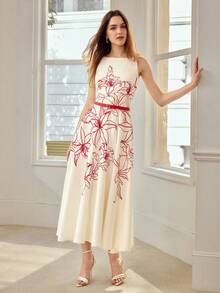 MOTF PREMIUM WOMEN'S SLEEVELESS EMBROIDERED BELTED MIDI DRESS, ELEGANT FOR DATES, SPRING/SUMMER - White - View 4