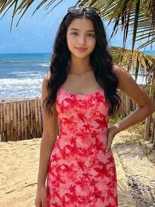 SHEIN Teen Girl Casual Vacation Floral Print Spaghetti Strap Dress - Red - View 5