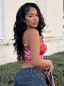 Alexandranx Women Floral Print Asymmetrical Neck & Hem Ruched Top Beach Wear - Rusty Rose - View 5