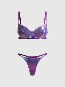 ROMWE Grunge Punk Dark Punk Music Festival Coated Fabric Metal Chain Underwire Bralette & Thong Sexy Lingerie Set - Purple - View 1