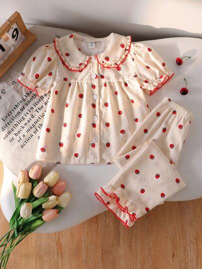 2pcs/Set Young Girls' Elegant Strawberry Pattern Textured Lapel Ruffle Trim Short Sleeve Top And Pants Pajama Set