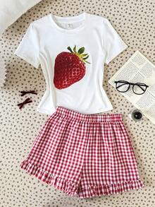 少女休闲可爱草莓印花圆领紧身T恤和红白格子短裤套装 - 粉色 - 查看 1