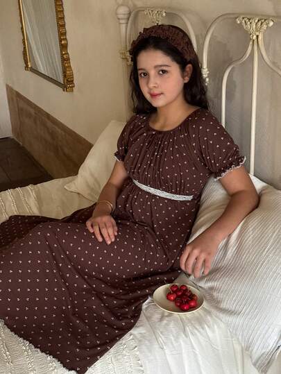 Dazy Kids Tween Girl Round Neck Floral Lace Ruffle Casual Loungewear Nightgown