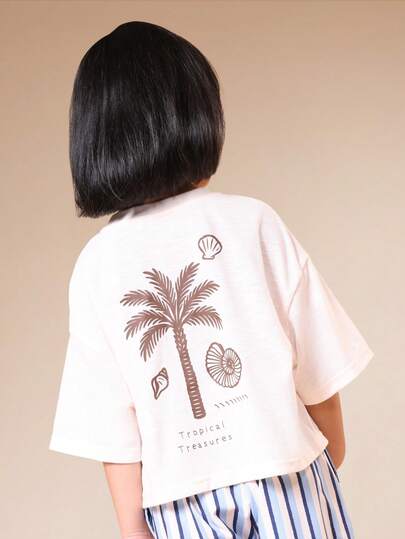 SUMWON Oversized Girls Tropical Treasures Short Sleeve T-Shirt With Palm Tree And Seashell Print Summer Beach Top