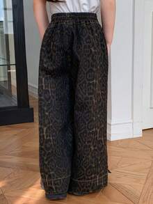 Dazy Kids Young Girl Casual Washed Leopard Print Wide Leg Jeans - Brown - View 2