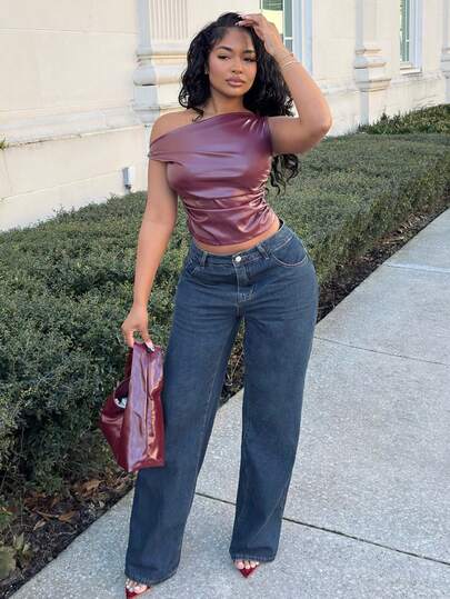 Alexandranx 女士皮革上衣休闲时尚90年代街拍春秋季纯色褶皱领PU背心无袖上衣外出上衣秋季女士上衣适合外出和聚会上衣