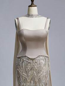 Elitara Petite Petite Elegant Luxurious Beaded Sequin Floral Mermaid Hem Dress Elastic Satin For Evening - Khaki - View 12