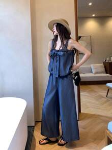 DAZY Bộ 2 áo hai dây nữ chất liệu lanh cao cấp, mềm mại, dệt thủ công, nhuộm màu, viền ren, có thể mặc hai mặt, thích hợp mặc nhà hoặc mặc ngắn mùa hè. - Màu xanh lam - Xem 5