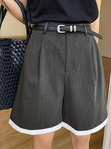 DAZY Patchwork Contrast Color Trim Straight Leg Bermuda Shorts, Casual Summer Shorts For Women Office Grey School - Grey - View 5
