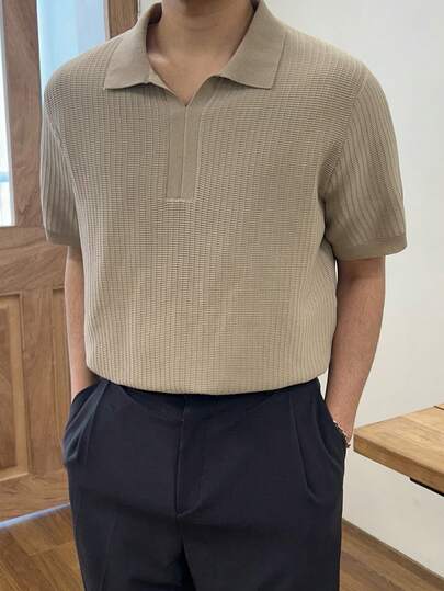 DAZY Apricot Short Sleeve Polo Collar Knit Top For Men, Summer