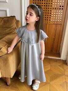Dazy Kids Young Girl Elegant Solid Color Lace Trim Dress, Summer - Green - View 1