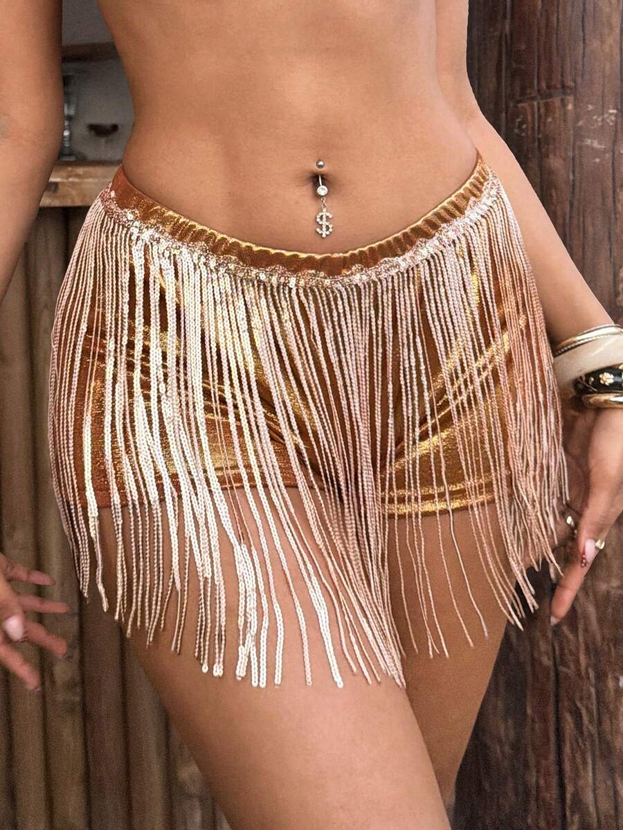 EgrlEra Women's Sexy Gold Tassel Party Shorts - Gold - View 1