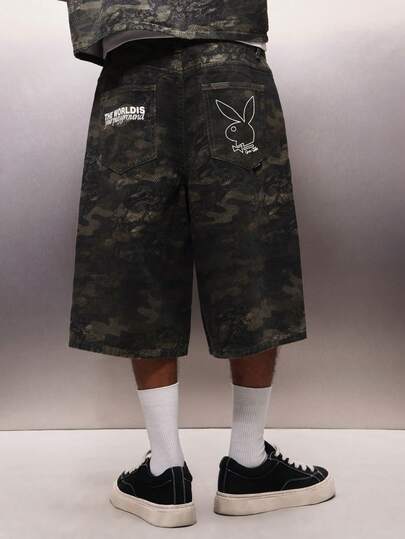 PLAYBOY X SUMWON Baggy Camouflage Denim Jorts With Distressed Texture And Back Pocket Patch Detail For Summer Casual Streetwear