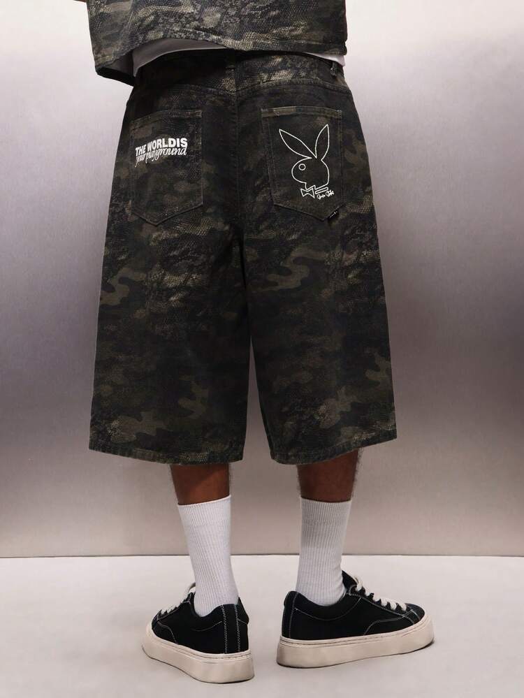 PLAYBOY X SUMWON Baggy Camouflage Denim Jorts With Back Patch