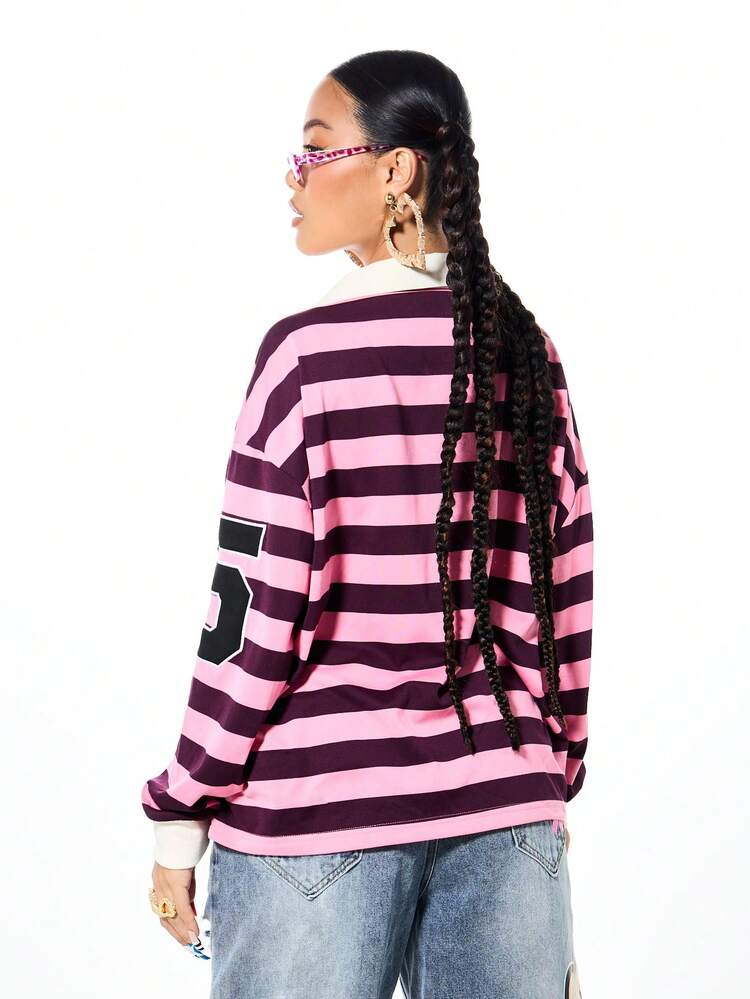 SUMWON WOMEN Women's Oversized Striped Long Sleeve Rugby Polo Collared Shirt With Mixed Graphic Text Print Fall Winter Casual Streetwear