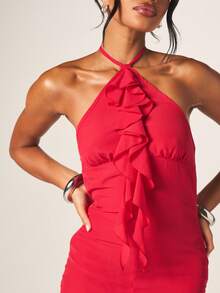 MISSGUIDED Women's Red Halter Neck Maxi Dress With Ruffle Detail Long Formal Evening Bodycon Gown Party Wedding Guest Cocktail - Red - View 5