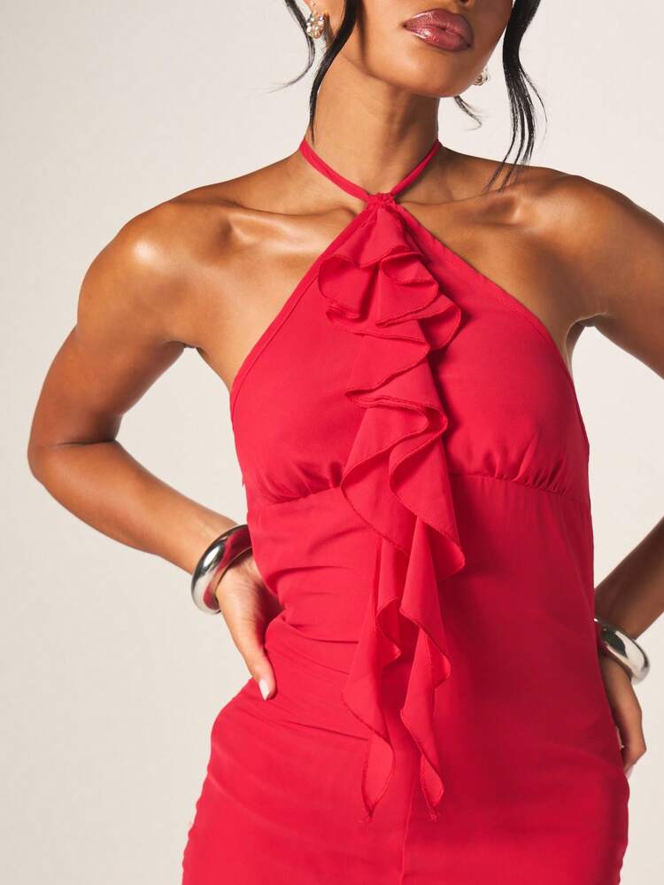 MISSGUIDED Women's Red Halter Neck Maxi Dress With Ruffle Detail Long Formal Evening Bodycon Gown Party Wedding Guest Cocktail