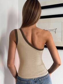 DAZY Women's Oblique Collar Tight-Fitting Patchwork Contrast Color Letter Print Top Summer - Apricot - View 3