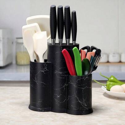 1个黑色三合一安全通用刀架，适用于厨房台面收纳，节省空间，可存放餐具、筷子、厨具等，现代家居工具