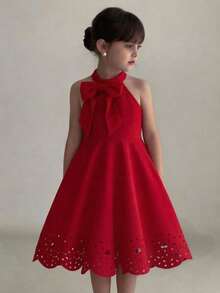 SHEIN Tween Girl Casual Solid Red Mandarin Collar Sleeveless Waist Flare Dress - Red - View 1