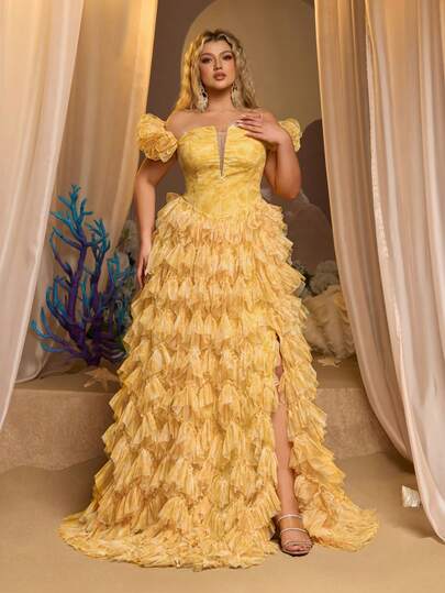 Glamrae Plus Size Elegant Romantic Yellow 3D Digital Print Off-Shoulder Ruffle Sleeve V-Neck Peplum Dress, Suitable For Evening Party, Singles Party, Date, Ball, Birthday, Wedding Events