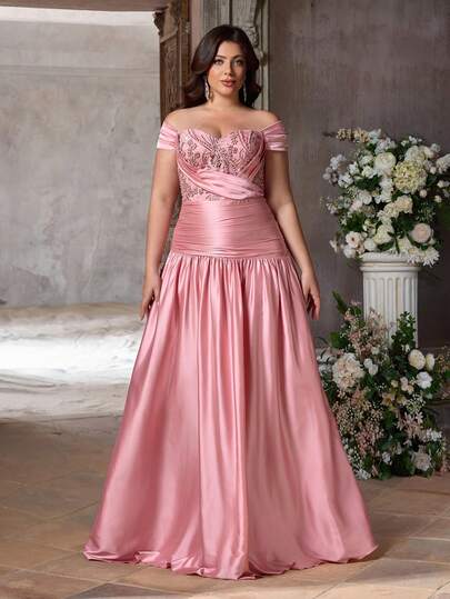 Aureia Đầm maxi cỡ lớn, thanh lịch, lãng mạn, màu hồng đậm, cổ tim, thêu ngọc trai, eo xếp ly, chất liệu chiffon, thích hợp cho đám cưới, tiệc tùng, dạ hội (được trang trí cầu kỳ).