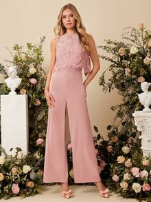 Amorya 2pcs/Set Women Regular Pink Lace Blouse + Maxi Jumpsuit - Pink - View 7