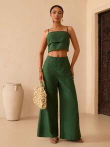 Vesra 两件套女士绿色叠层吊带背心和阔腿短裤套装 - 綠色 - 查看 5