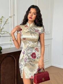 EastFlair Women's Floral & Dragon Pattern Mandarin Collar Mini Dress, Chinese Style Chinese Style Dress Oriental Dress Cheongsam Dress Qipao Dress Chinese Outfit - Apricot - View 5