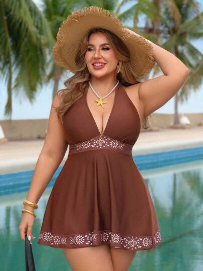 Swim Lushoire Traje de baño de 2 piezas con estampado floral y top halter para mujer talla grande, ideal para vacaciones de verano