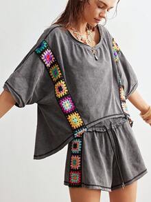 Bohemela 2pcs/Set Women Casual Solid Color Knit Patchwork Ribbon Round Neck Loose Short Sleeve T-Shirt & Shorts - Black - View 4