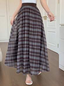 DAZY Women's High Waist Plaid Elegant Versatile A-Line Skirt - Brown - View 5