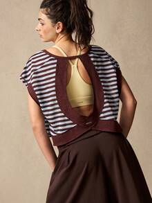 VARSIVA Women's Striped Round Neck Cap Sleeve Backless Sports T-Shirt - Multicolor - View 6