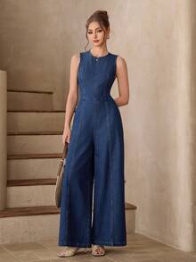 Selenza Bộ jumpsuit denim nữ kiểu dáng thường ngày, hở lưng, buộc dây, thích hợp cho kỳ nghỉ và mặc hàng ngày. - Màu xanh lam - Xem 2