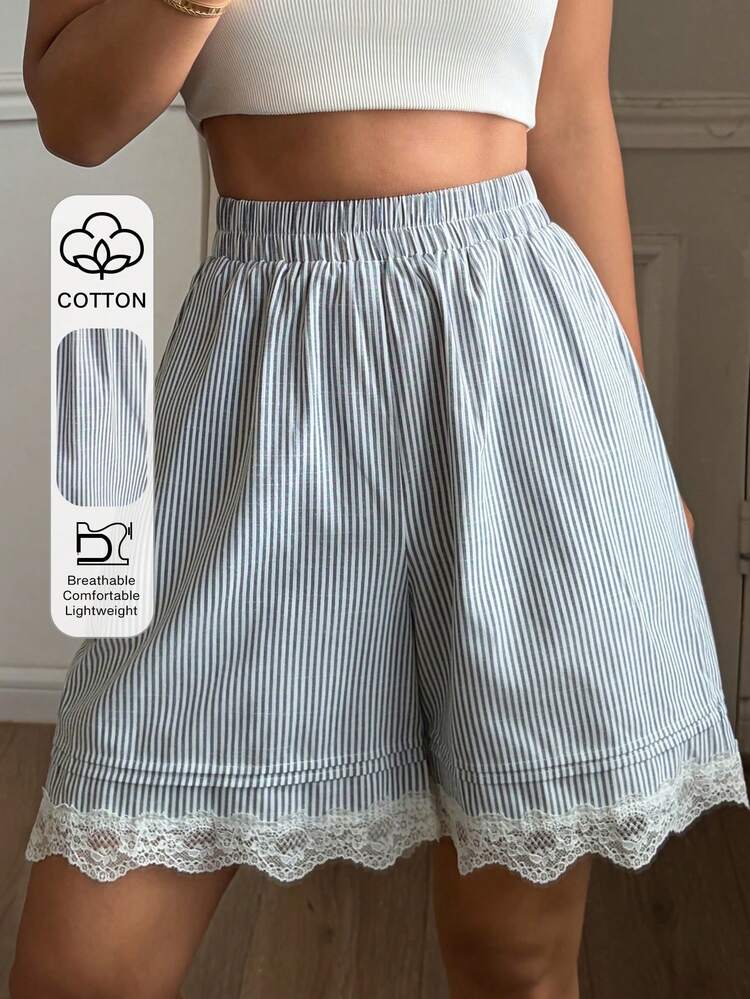 Women's Summer Striped Pleated Lace Patchwork Short Pajama Bottoms