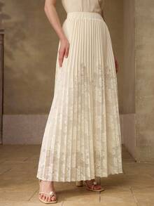 MOTF PREMIUM WOMEN'S CONTRAST LACE ELASTIC WAIST PLEATED DRESS - Apricot - View 5